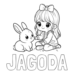 Online izdelana pobarvanka - Pobarvanka imena JAGODA in pobarvanka ljubke punčke, ki se igra z zajčkom