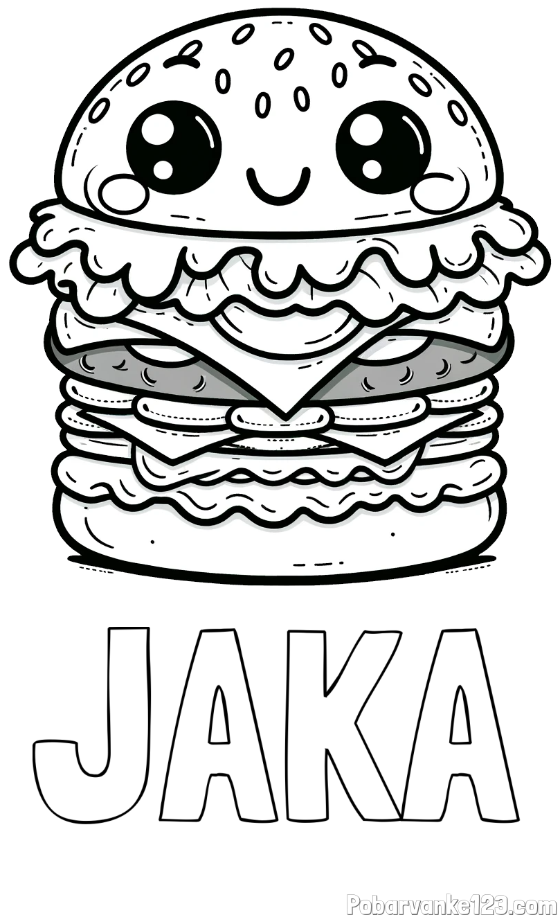 Pobarvanka imena JAKA in otroška pobarvanka nasmejanega hamburgerja