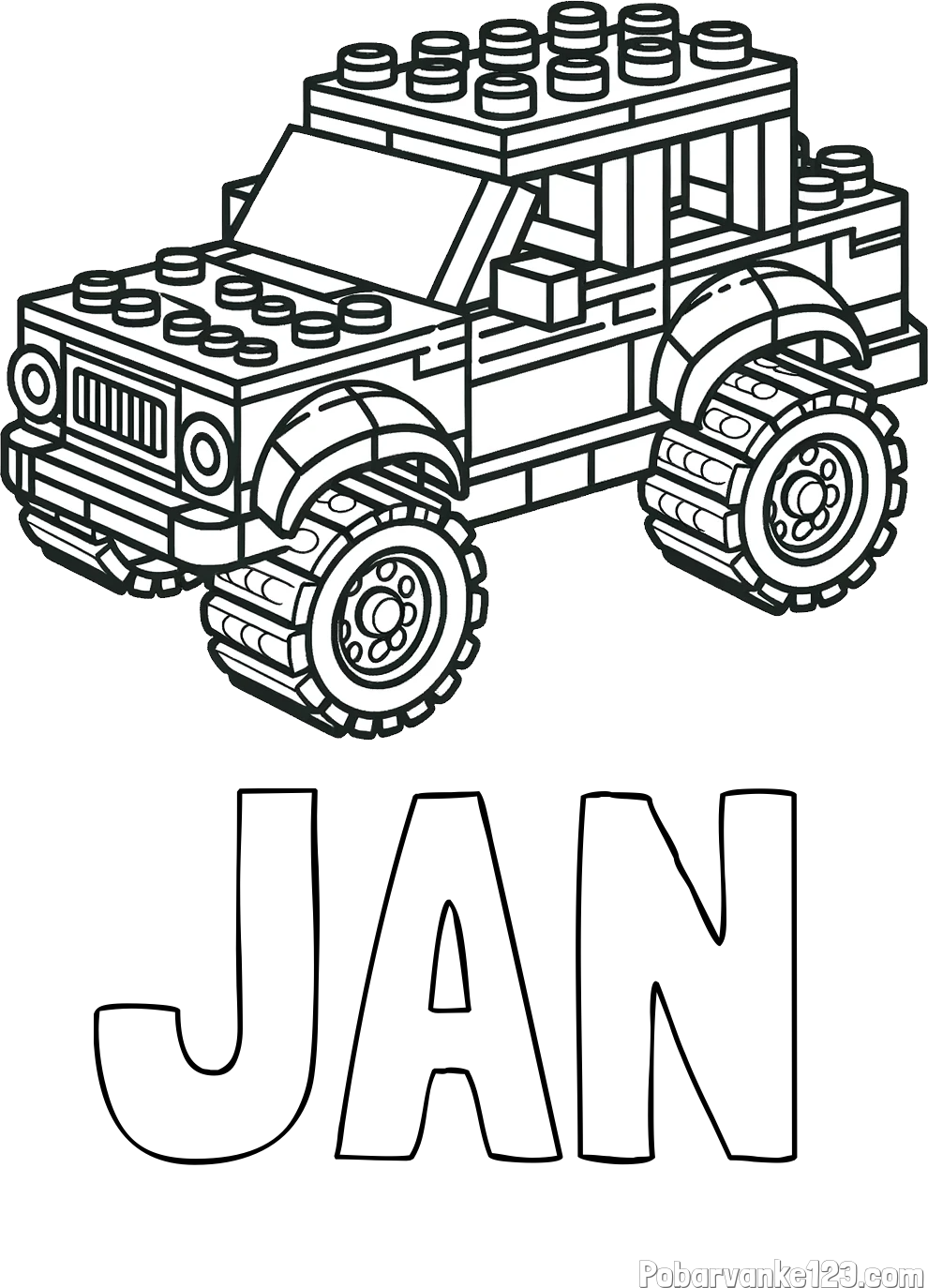 Pobarvanka imena JAN in pobarvanka džipa sestavljenega iz LEGO kock