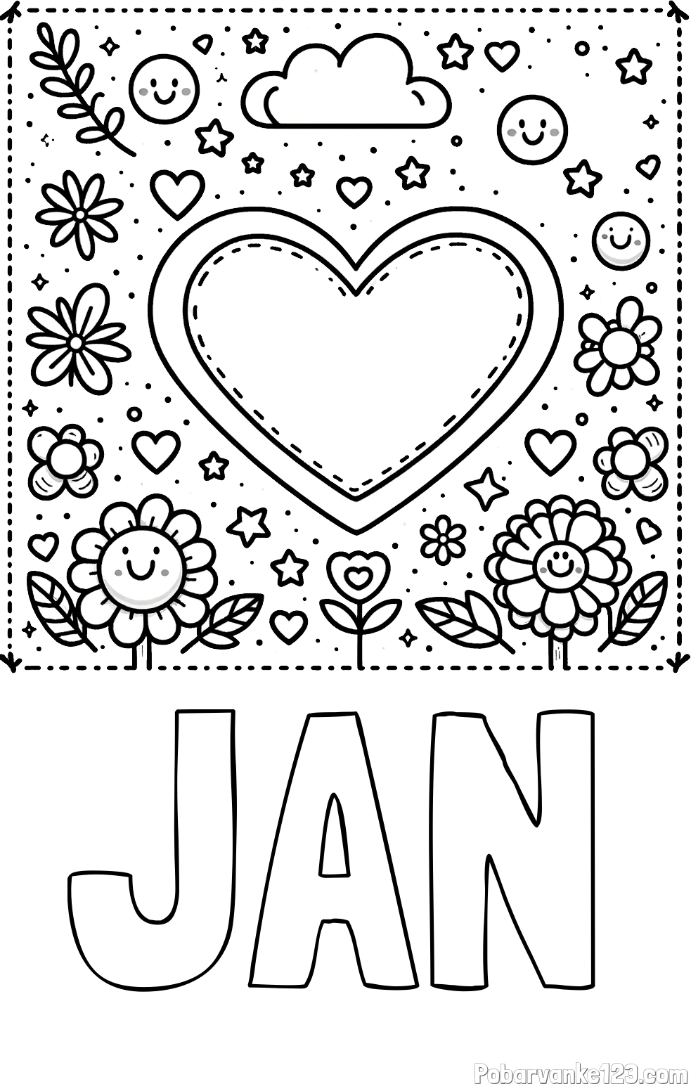 Pobarvanka imena JAN in pobarvanka srčka ter rožic