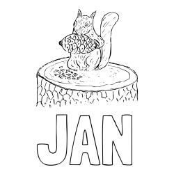 Online izdelana pobarvanka - Pobarvanka imena JAN in pobarvanka veverice, ki je storž