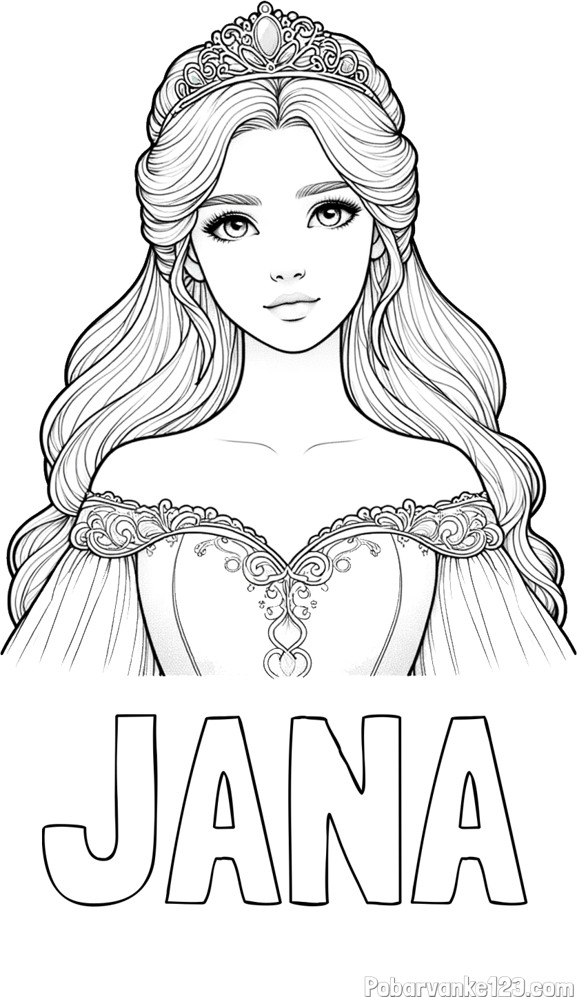 Pobarvanka imena JANA in pobarvanka realistične princese