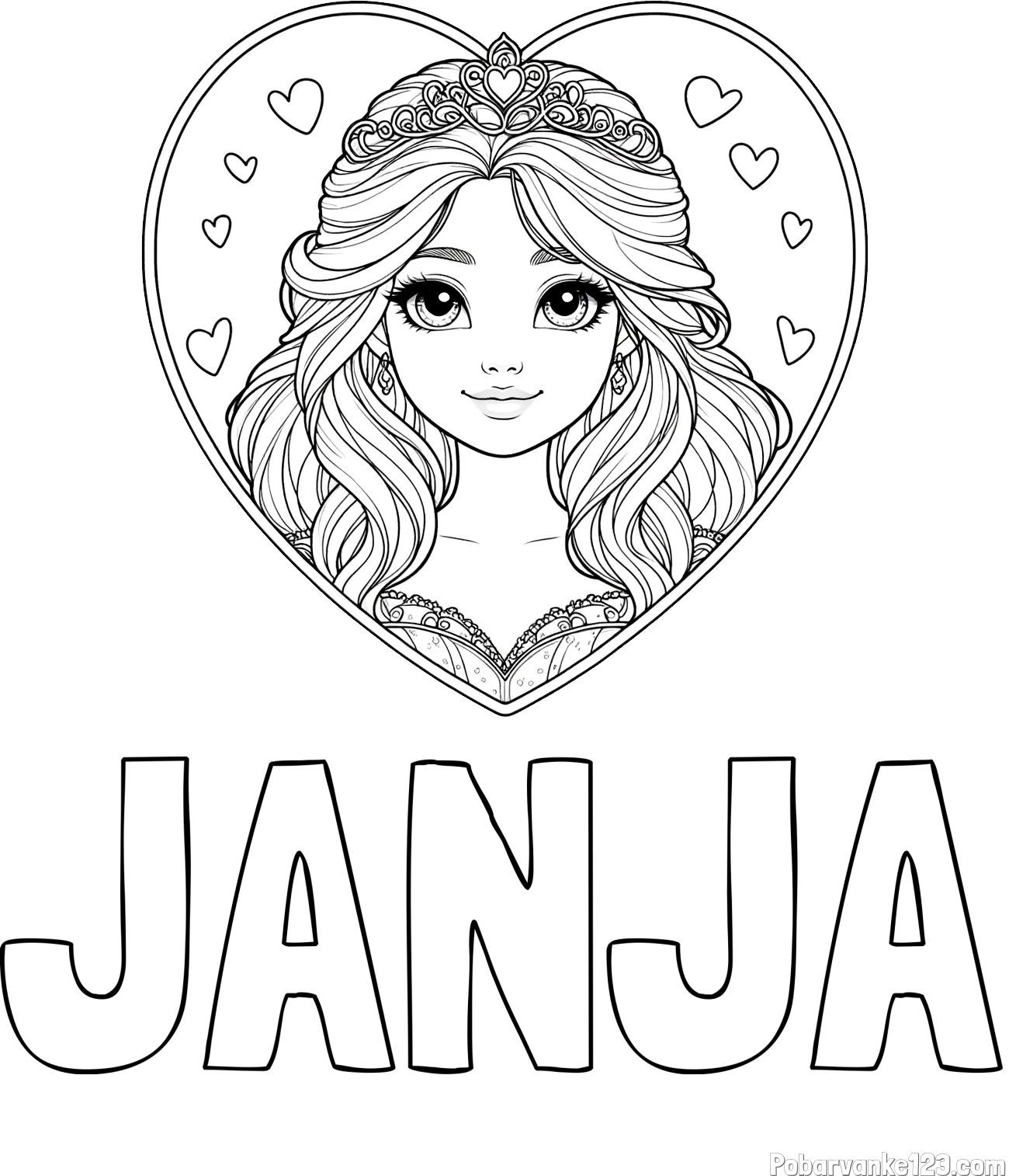 Pobarvanka imena JANJA in pobarvanka princeske ter srčkov