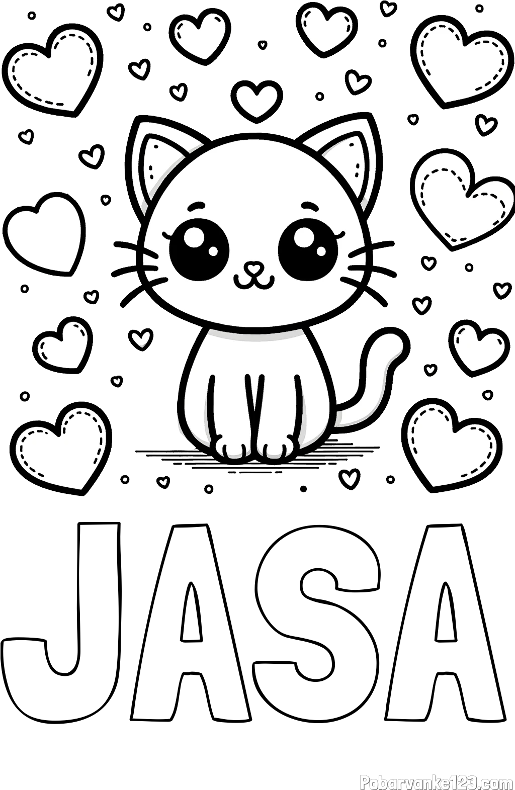 Pobarvanka imena JAŠA in pobarvanka ljubke mucke obdane z veliko srčki