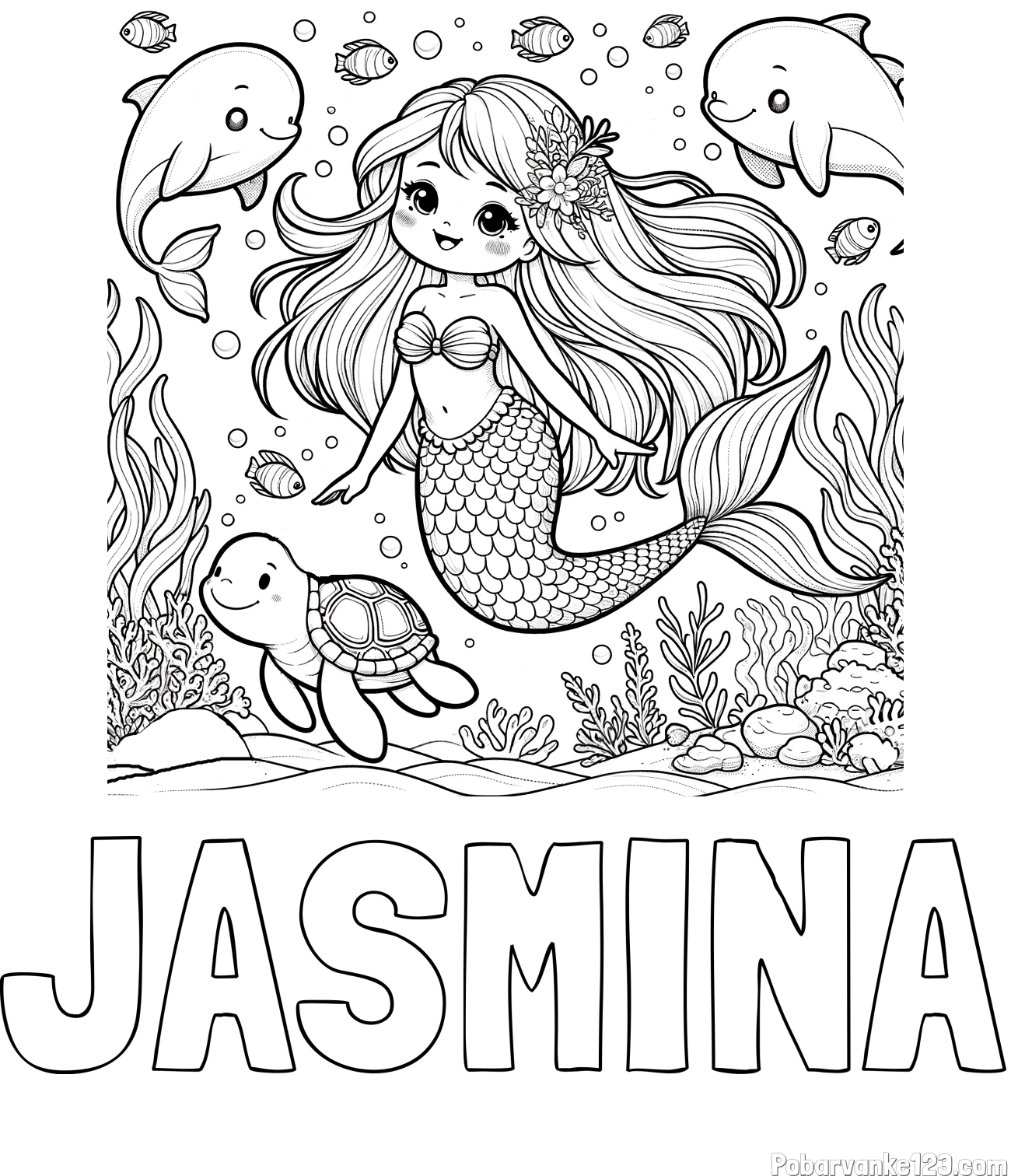 Pobarvanka imena JASMINA in pobarvana ljubke morske deklice s prijatelji
