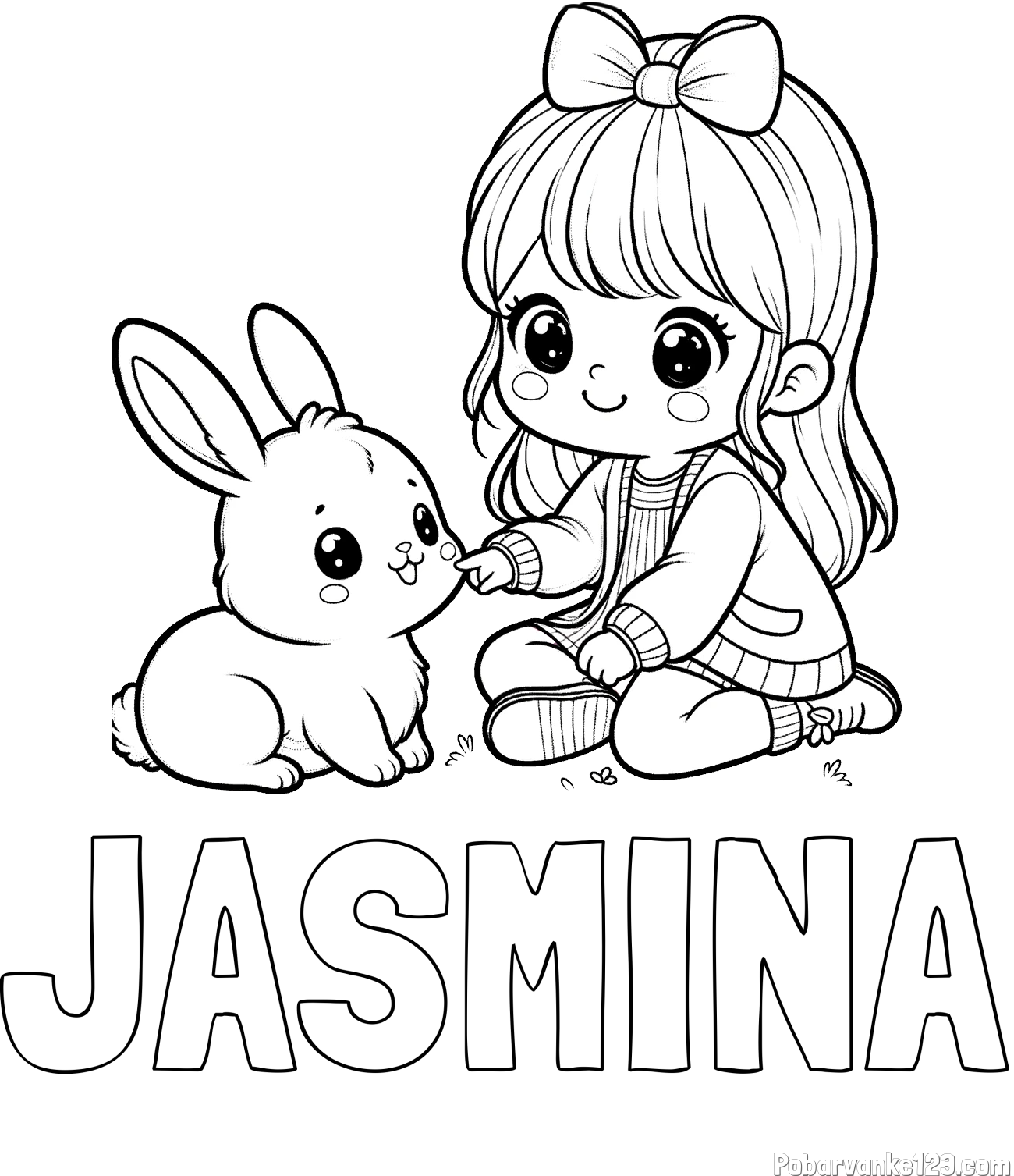 Pobarvanka imena JASMINA in pobarvanka ljubke punčke, ki se igra z zajčkom