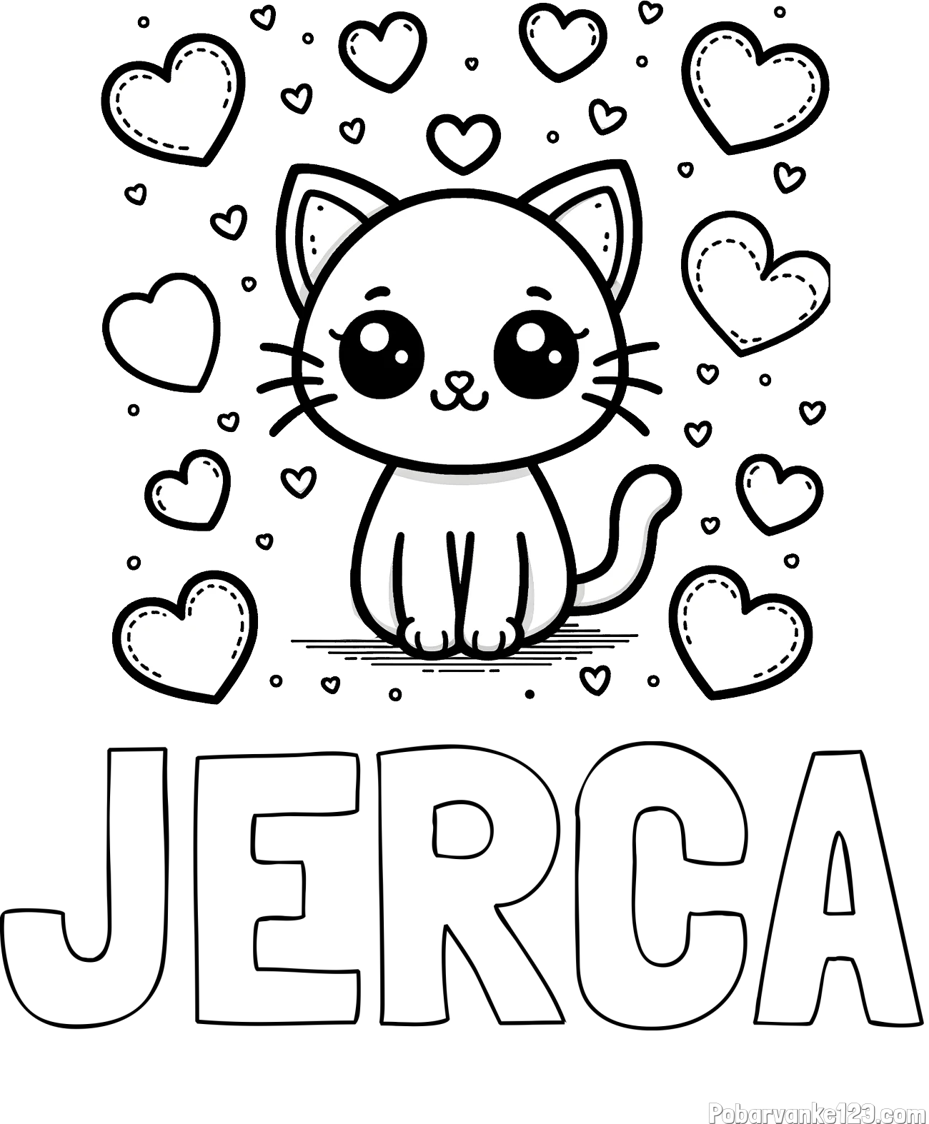 Pobarvanka imena JERCA in pobarvanka ljubke mucke obdane z veliko srčki