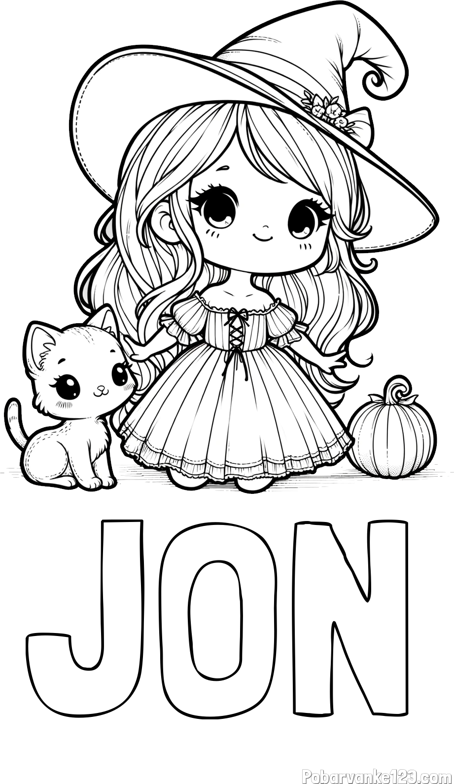 Pobarvanka imena JON in pobarvanka ljubke čarovnice, muce in buče