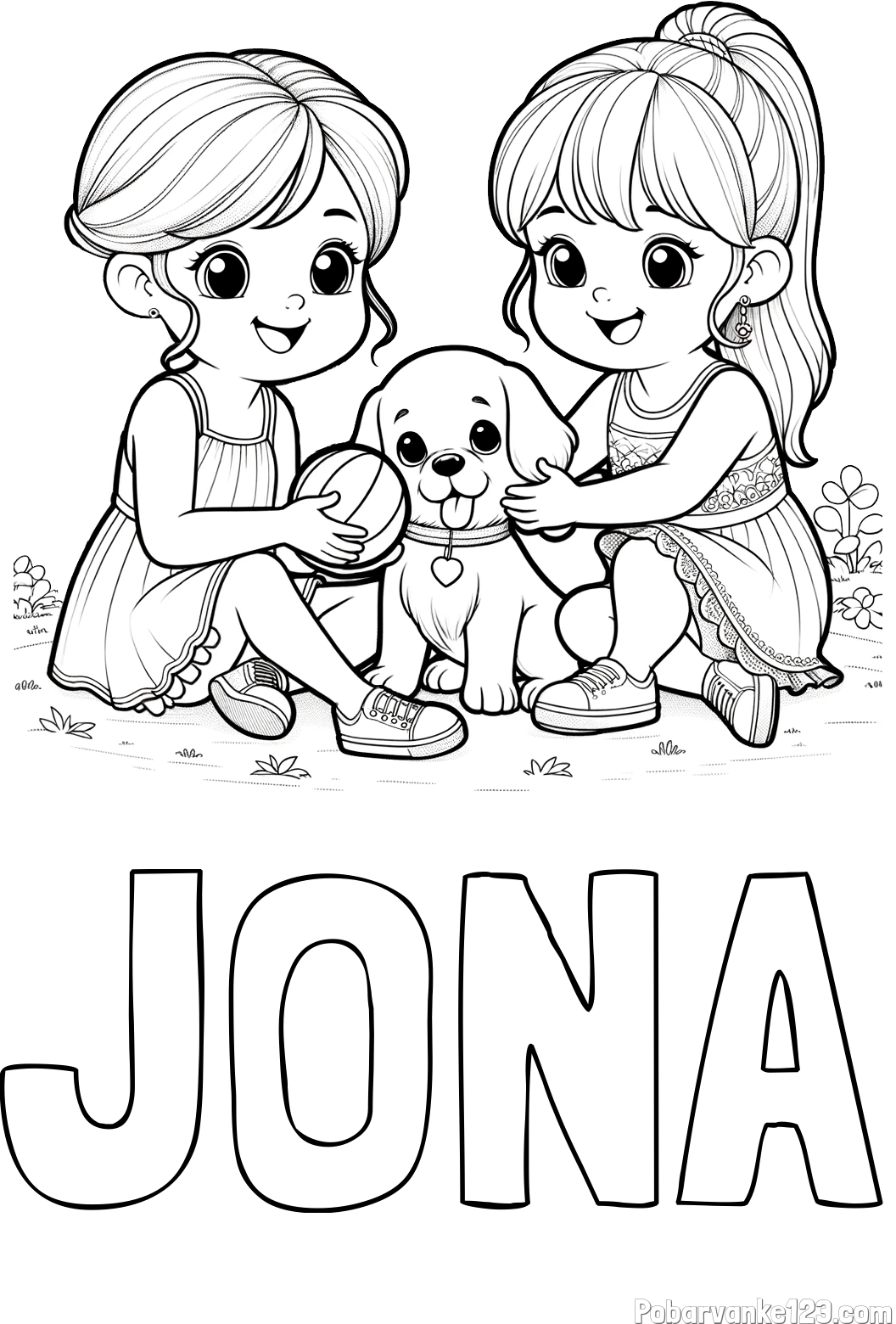 Pobarvanka imena JONA in pobarvanka prijateljic s kužkom