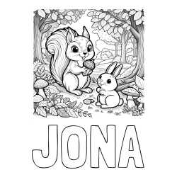 Online izdelana pobarvanka - Pobarvanka imena JONA in pobarvanka veveričke in zajčka v gozdu