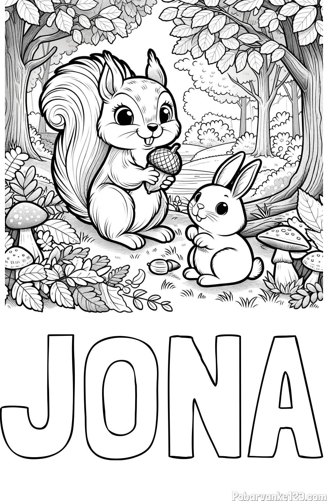 Pobarvanka imena JONA in pobarvanka veveričke in zajčka v gozdu