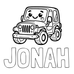 Online izdelana pobarvanka - Pobarvanka imena JONAH in otroška pobarvanka ljubkega džipa