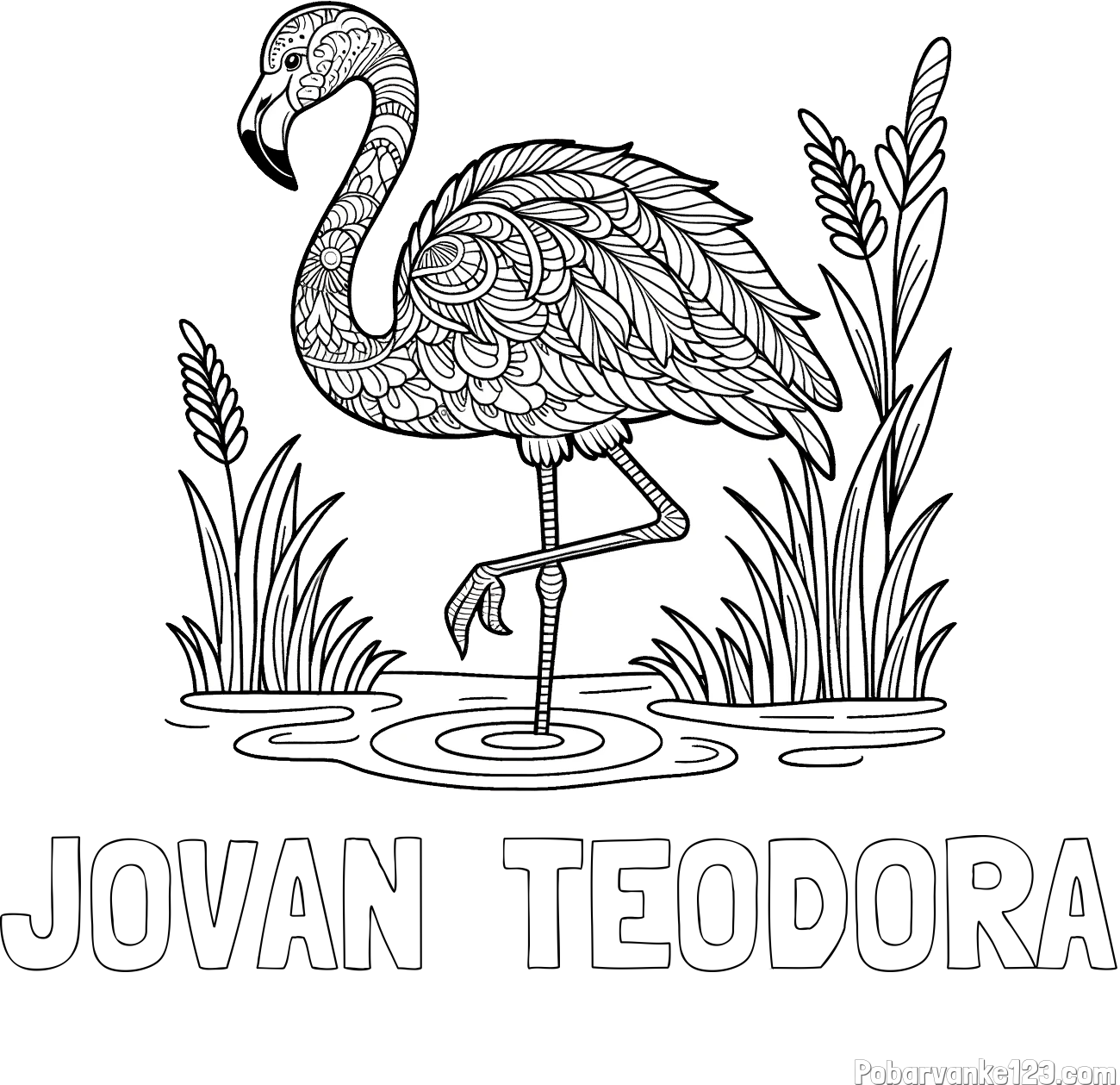Pobarvanka imena JOVAN  TEODORA in pobarvanka flaminga z abstraktnimi vzorci