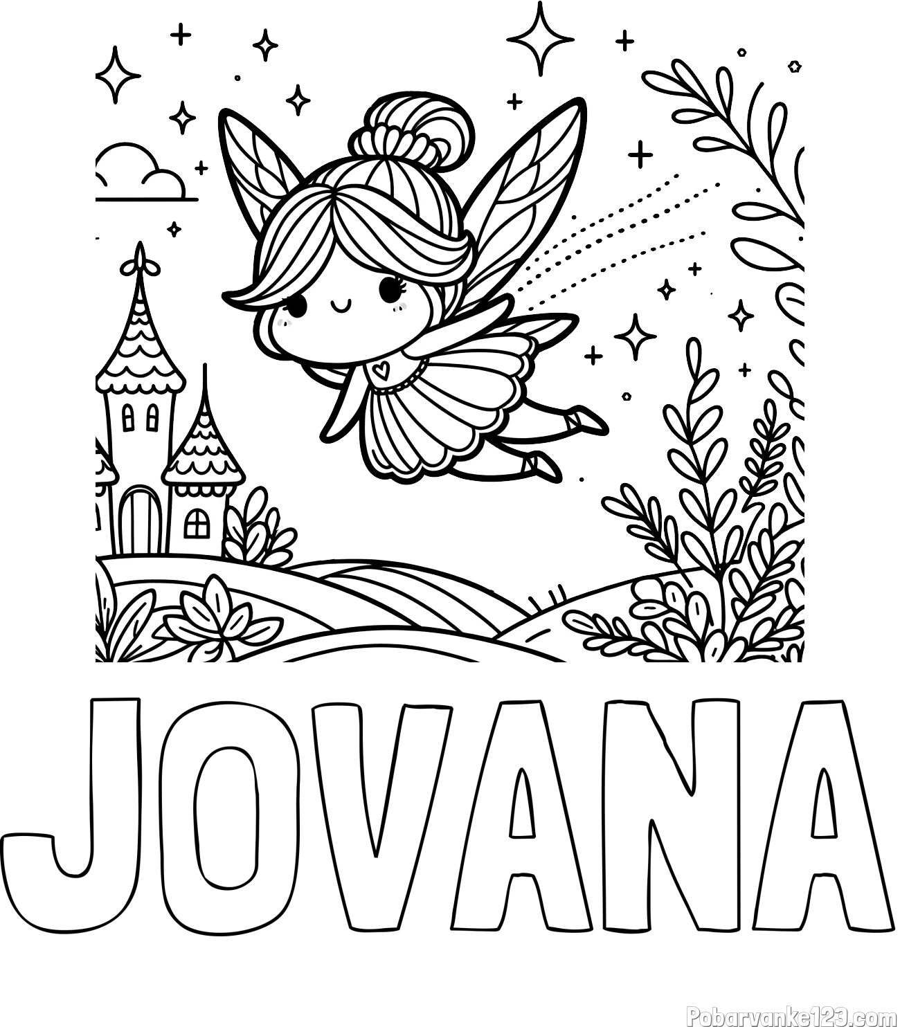 Pobarvanka imena JOVANA in pobarvanka čarobne vile, ki leti nad pravljično pokrajino