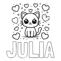 Online izdelana pobarvanka - Pobarvanka imena JULIA in pobarvanka ljubke mucke obdane z veliko srčki