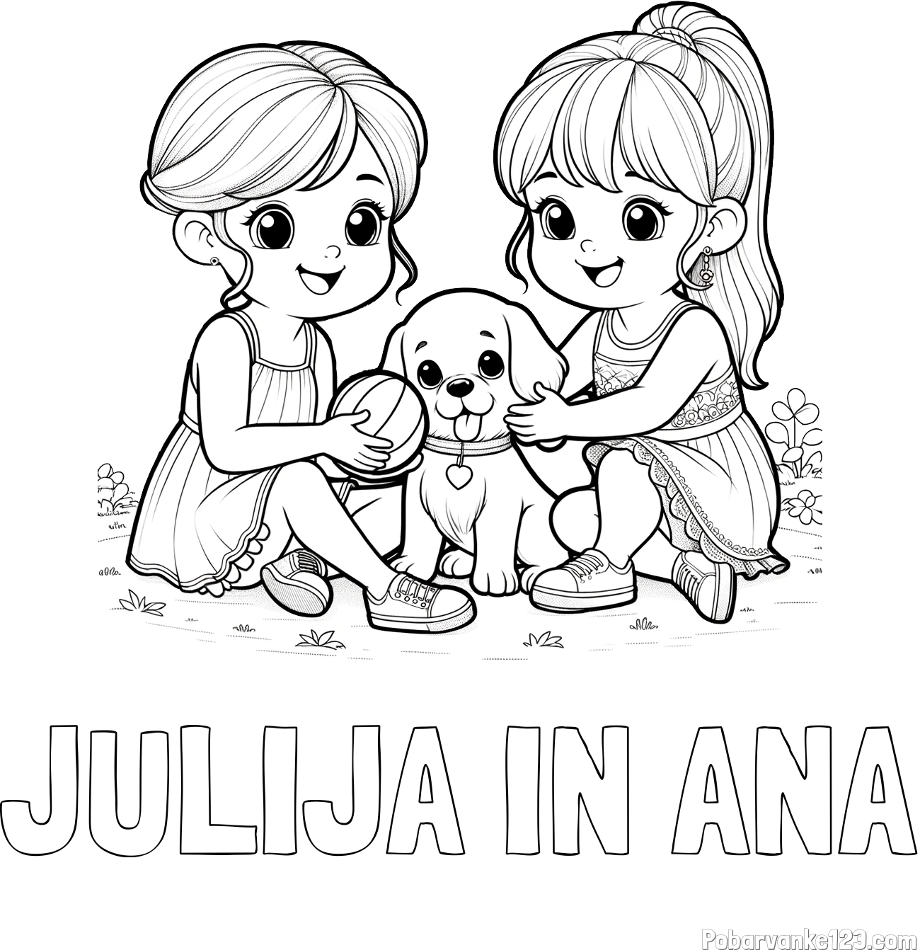 Pobarvanka imena JULIJA IN ANA in pobarvanka prijateljic s kužkom