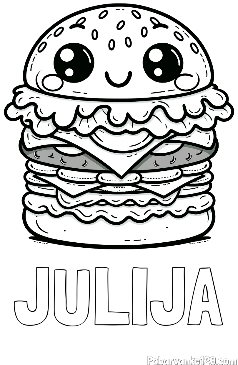 Pobarvanka imena JULIJA in otroška pobarvanka nasmejanega hamburgerja
