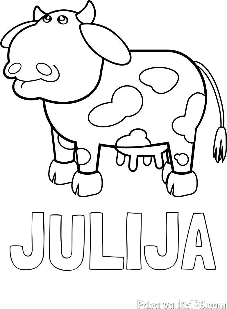 Pobarvanka imena JULIJA in otroška pobarvanka smešne krave