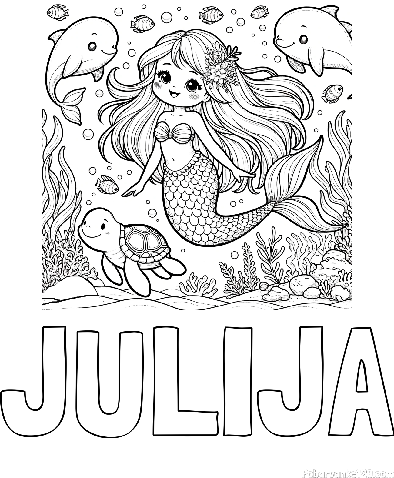 Pobarvanka imena JULIJA in pobarvana ljubke morske deklice s prijatelji