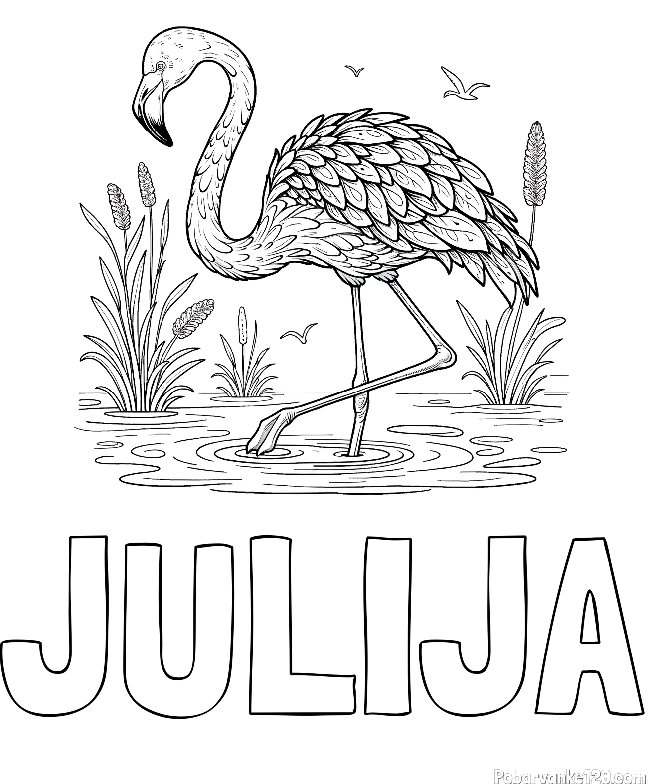 Pobarvanka imena JULIJA in pobarvanka flaminga v močvirju