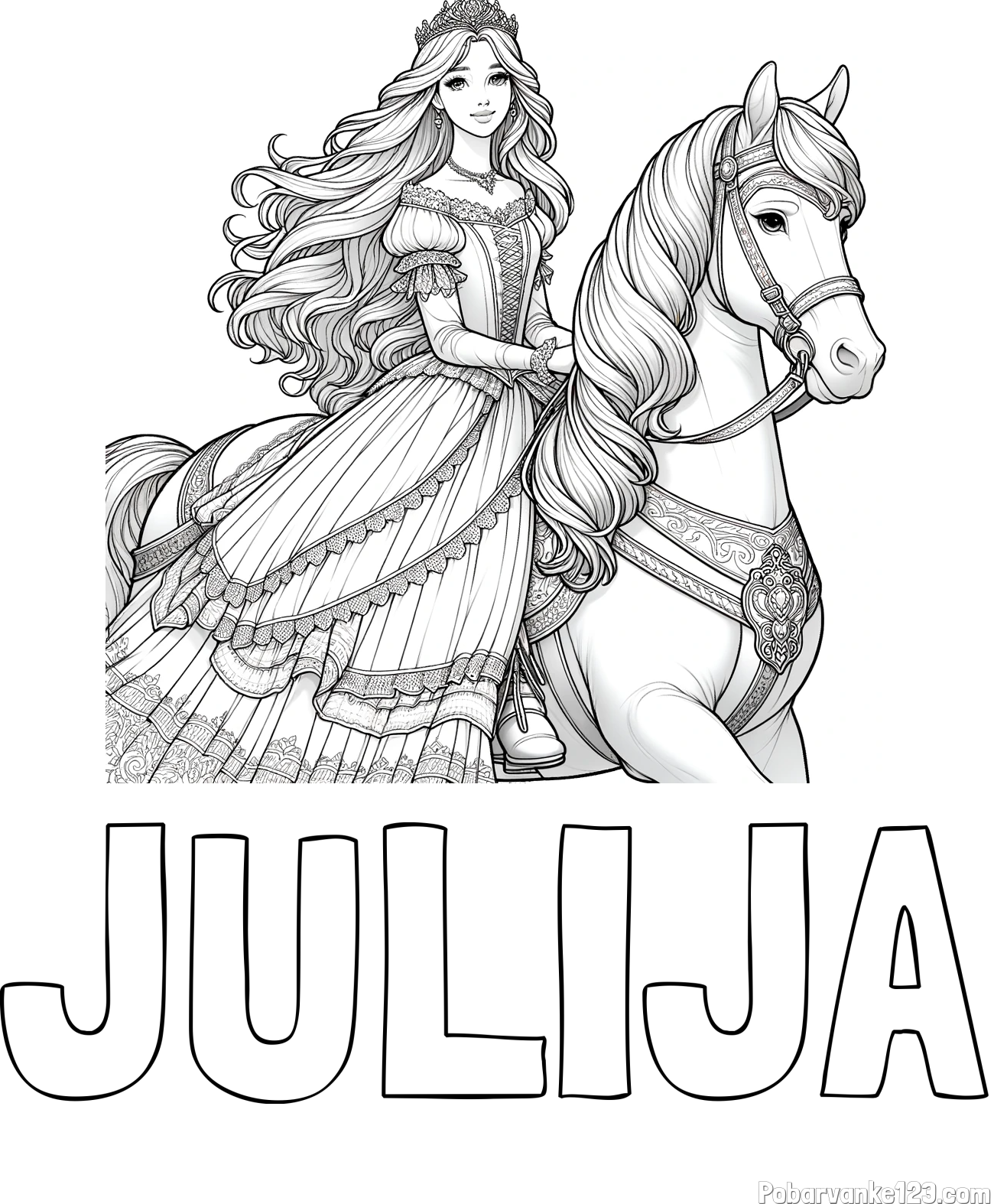 Pobarvanka imena JULIJA in pobarvanka nasmejana princese na konju