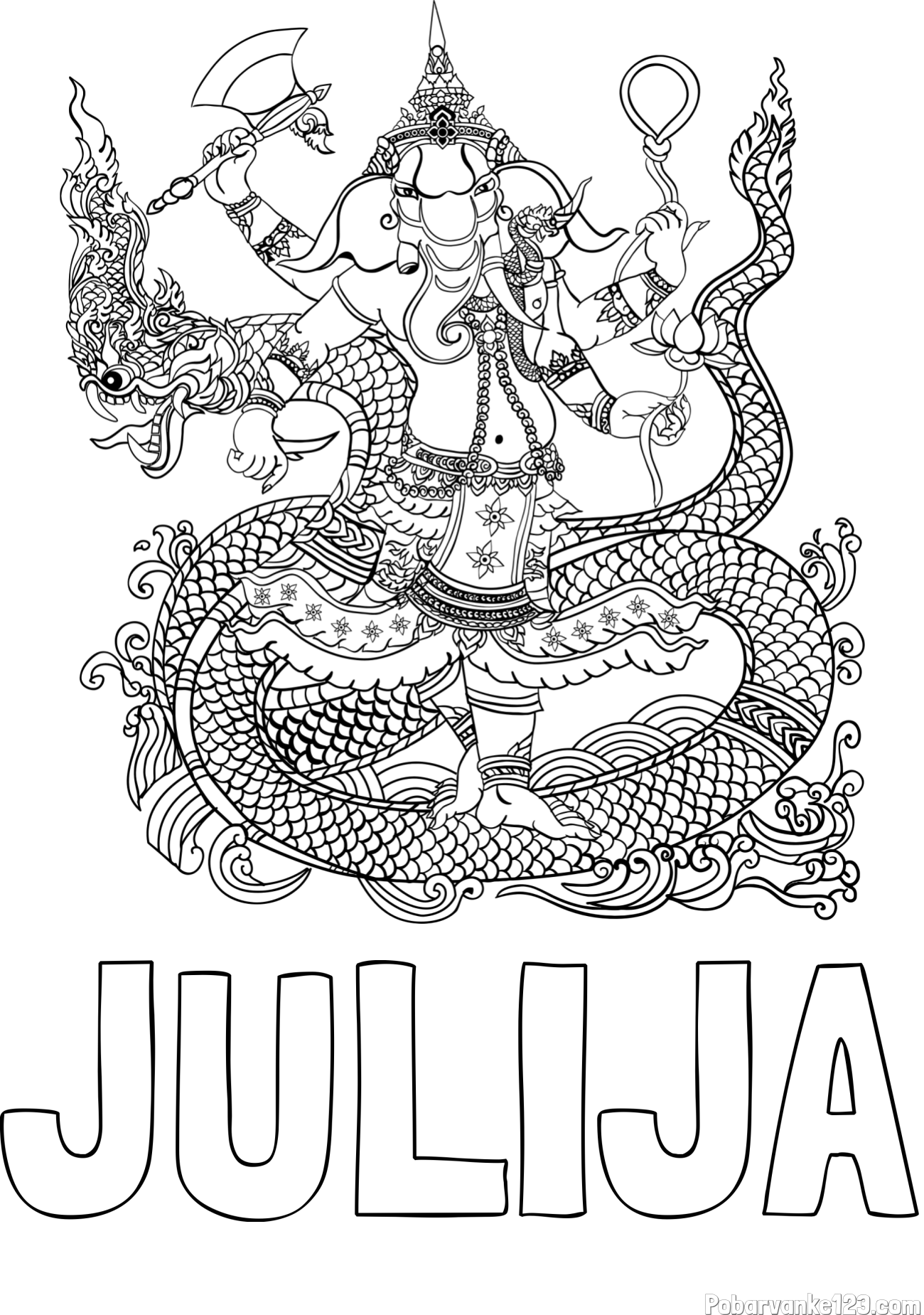 Pobarvanka imena JULIJA in pobarvanka slona v človeški podobi