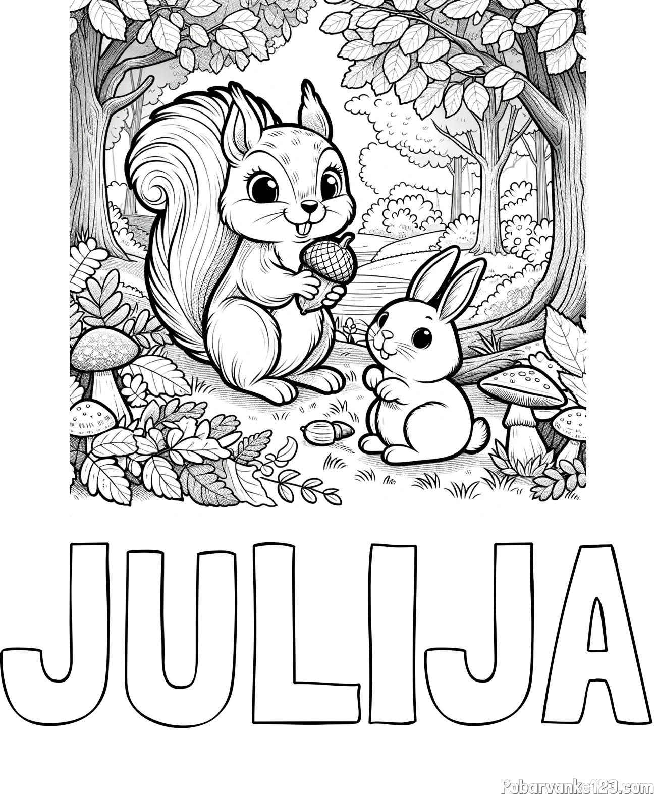 Pobarvanka imena JULIJA in pobarvanka veveričke in zajčka v gozdu