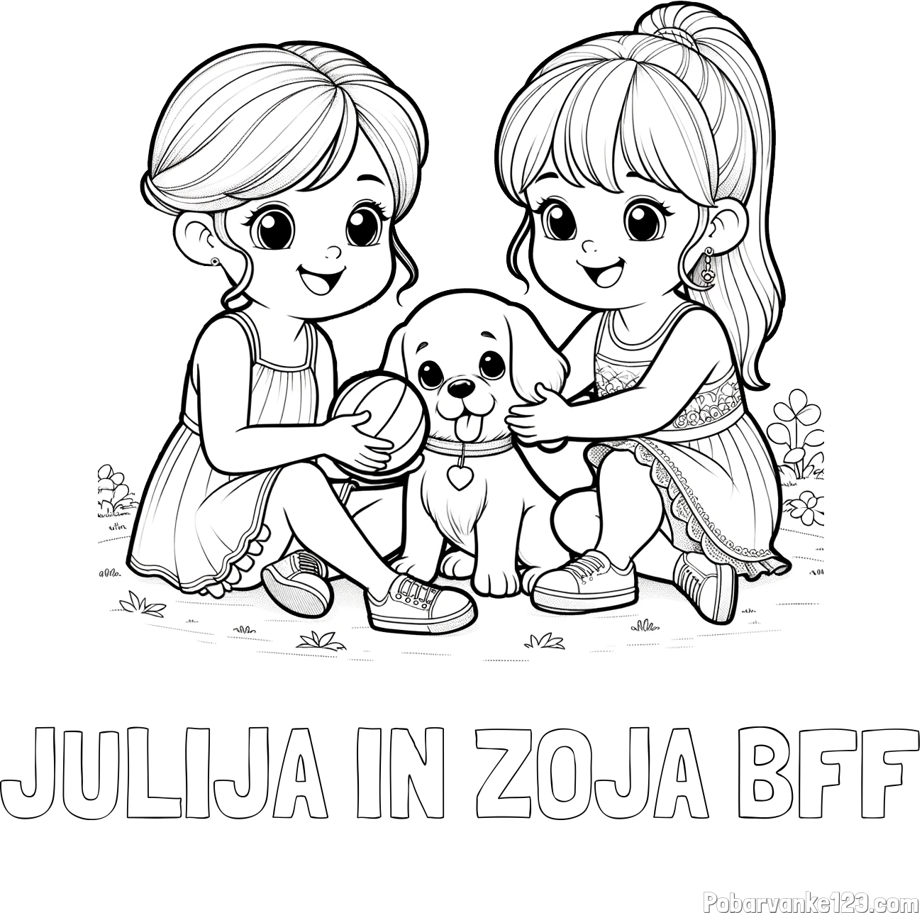 Pobarvanka imena JULIJA IN ZOJA BFF in pobarvanka prijateljic s kužkom