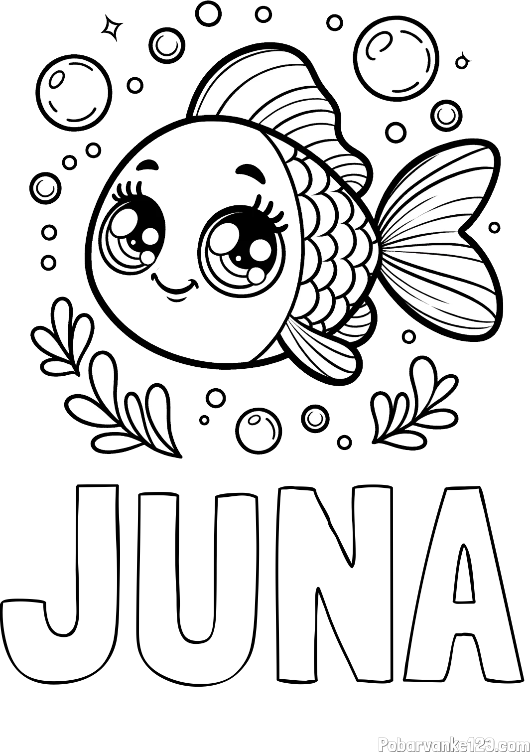 Pobarvanka imena JUNA in pobarvanka prisrčne ribice