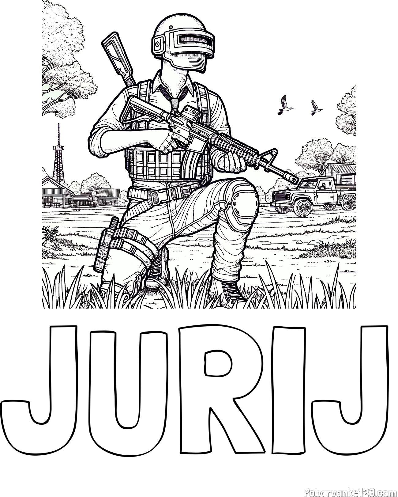 Pobarvanka imena JURIJ in PUBG pobarvanka glavnega lika v klečečem položaju