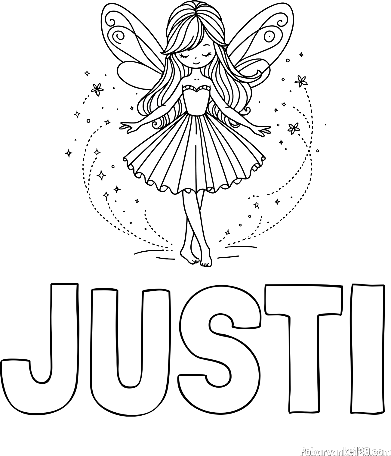 Pobarvanka imena JUSTI in pobarvanka ljubke čarobne vile