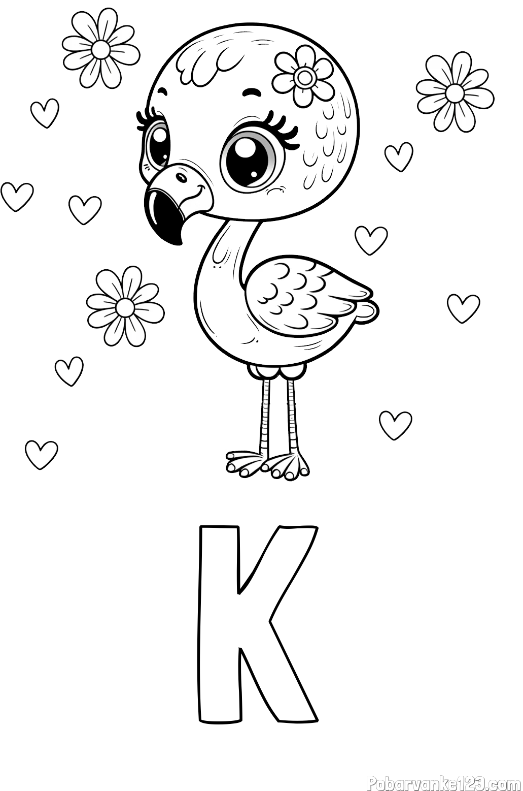 Pobarvanka imena K in pobarvanka mladička flaminga z rožicami in srčki
