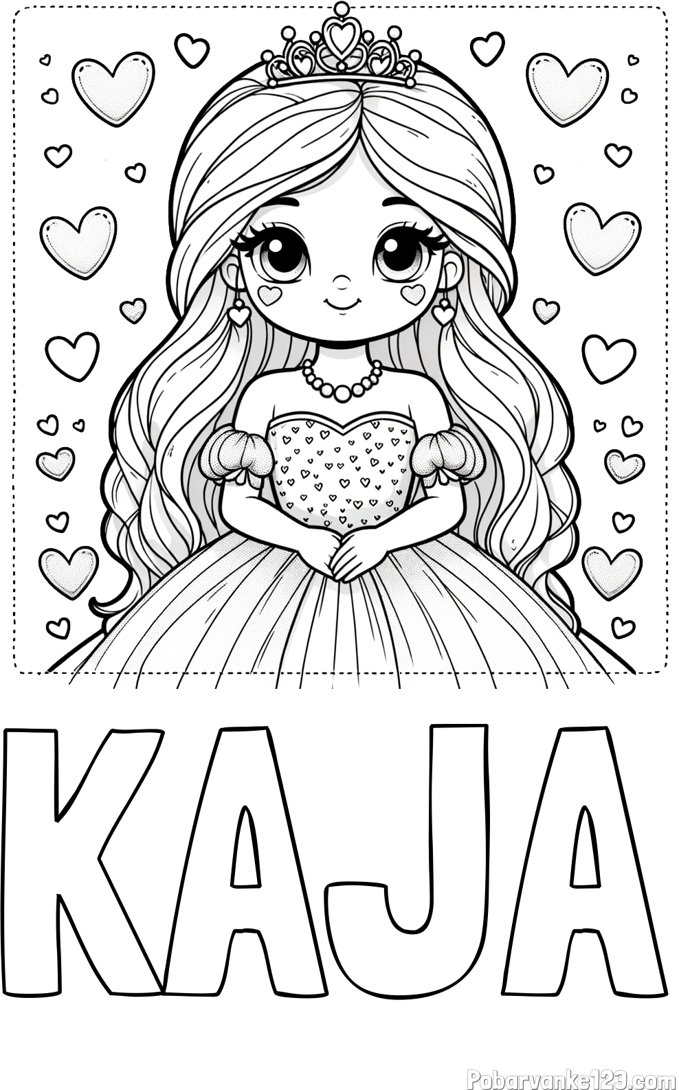 Pobarvanka imena KAJA in pobarvanka ljubke princese obdane s srčki