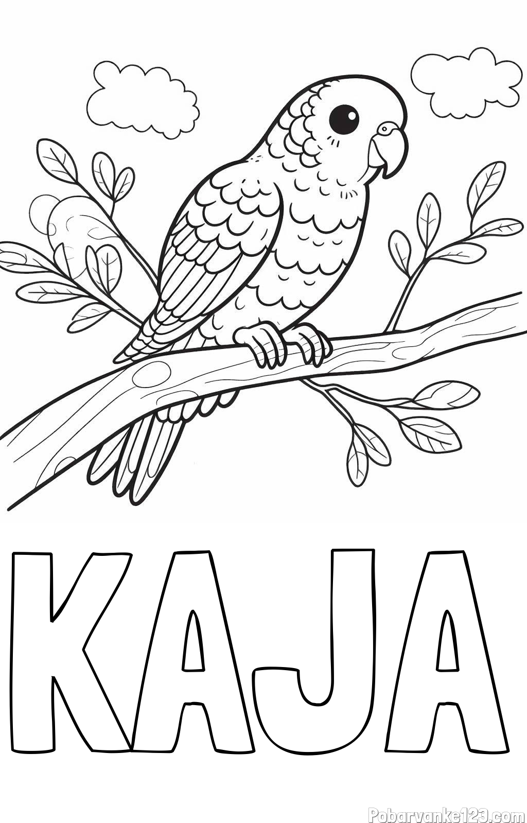 Pobarvanka imena KAJA in pobarvanka ljubkega kanarčka na veji