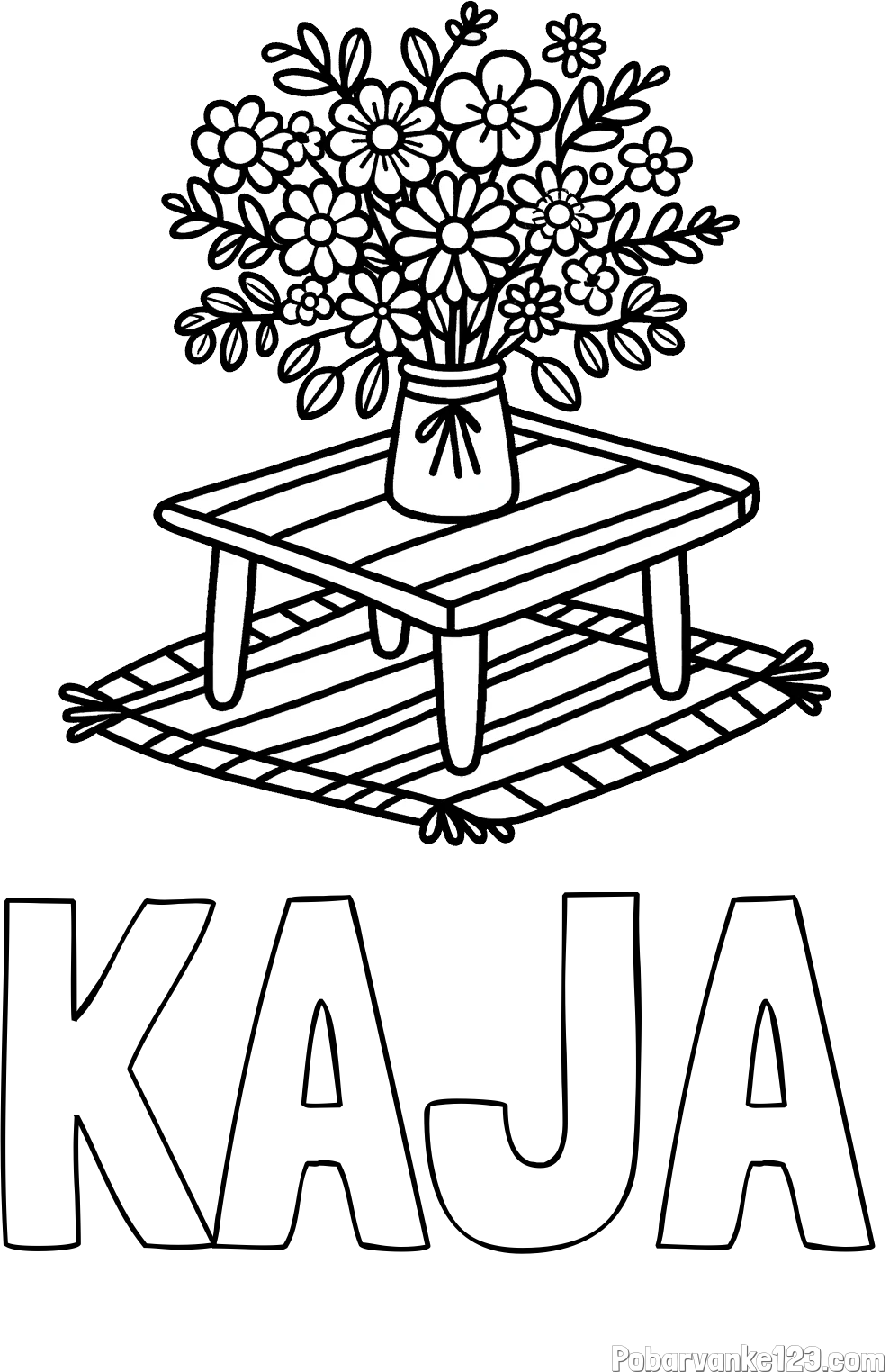 Pobarvanka imena KAJA in pobarvanka šopka rož na mizi