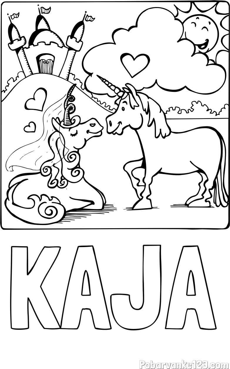 Pobarvanka imena KAJA in pobarvanka zaljubljenih samorogov