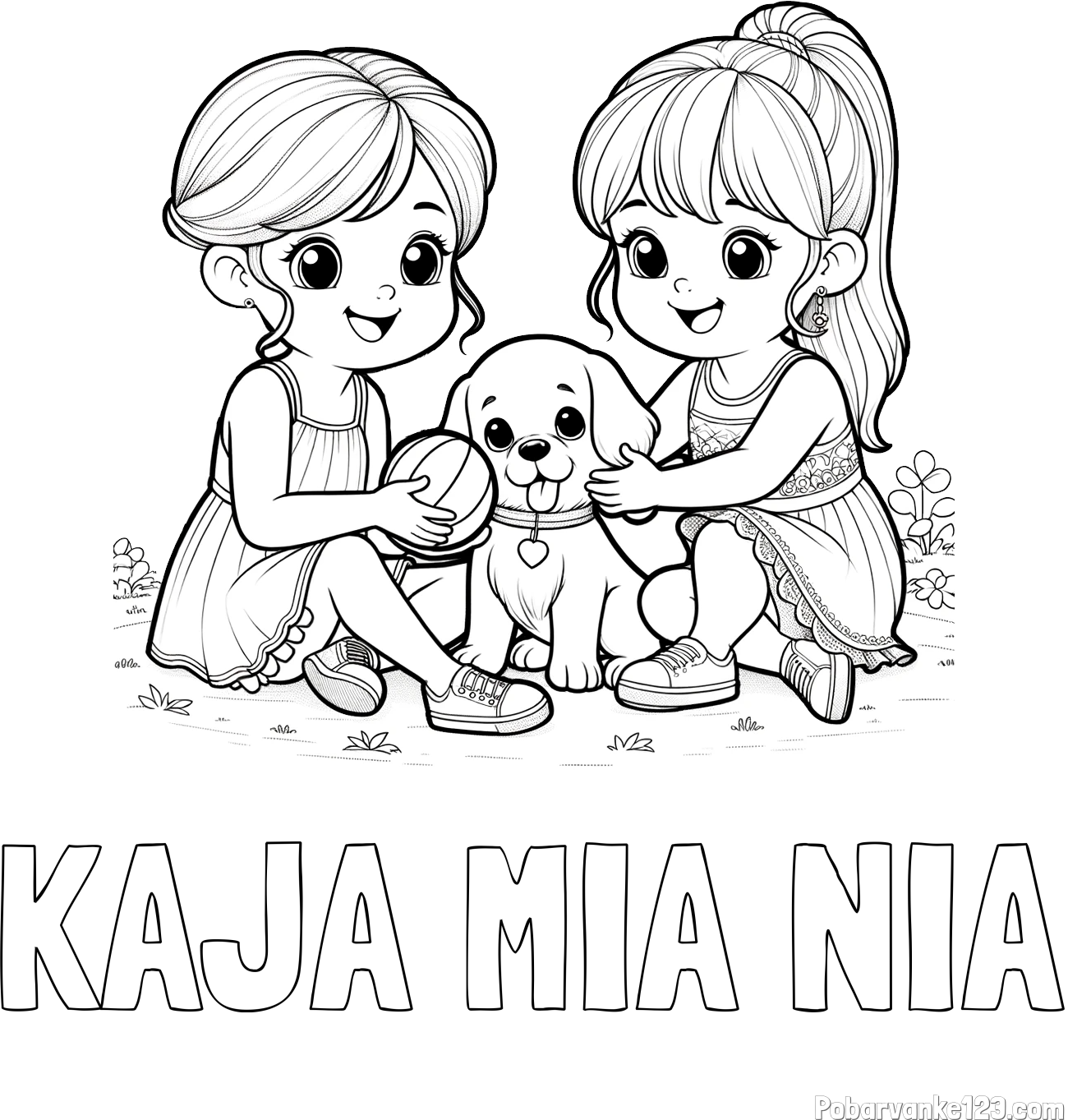Pobarvanka imena KAJA MIA NIA in pobarvanka prijateljic s kužkom