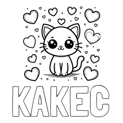 Online izdelana pobarvanka - Pobarvanka imena KAKEC in pobarvanka ljubke mucke obdane z veliko srčki