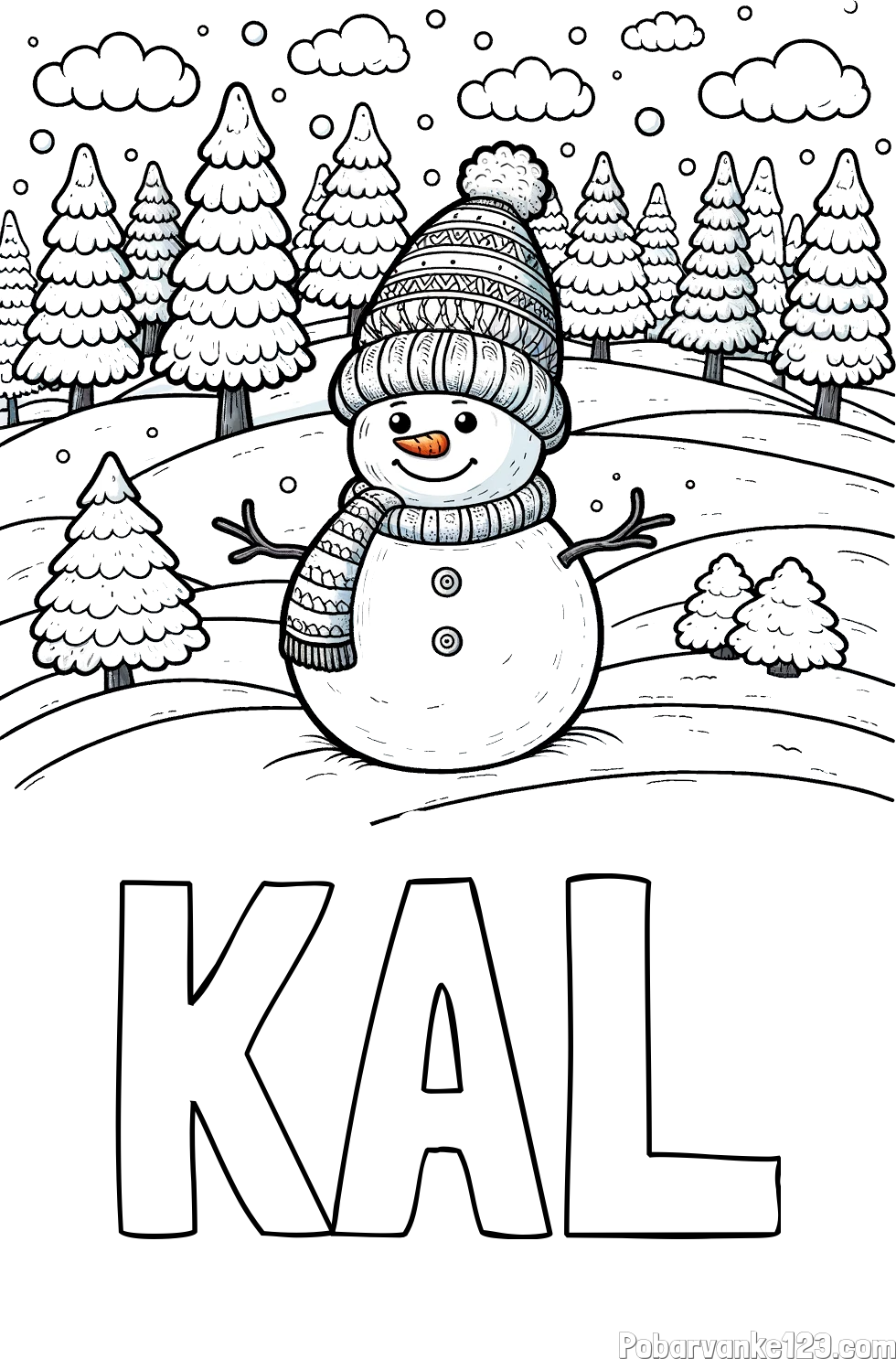 Pobarvanka imena KAL in pobarvanka snežaka v naravi obdanega z zasneženimi smrekami