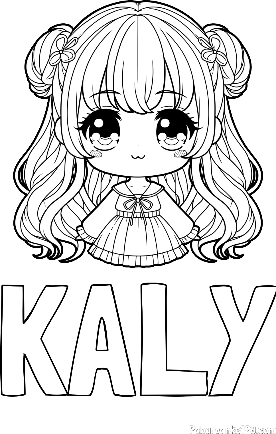 Pobarvanka imena KALY in pobarvanka prikupne punčke v anime slogu
