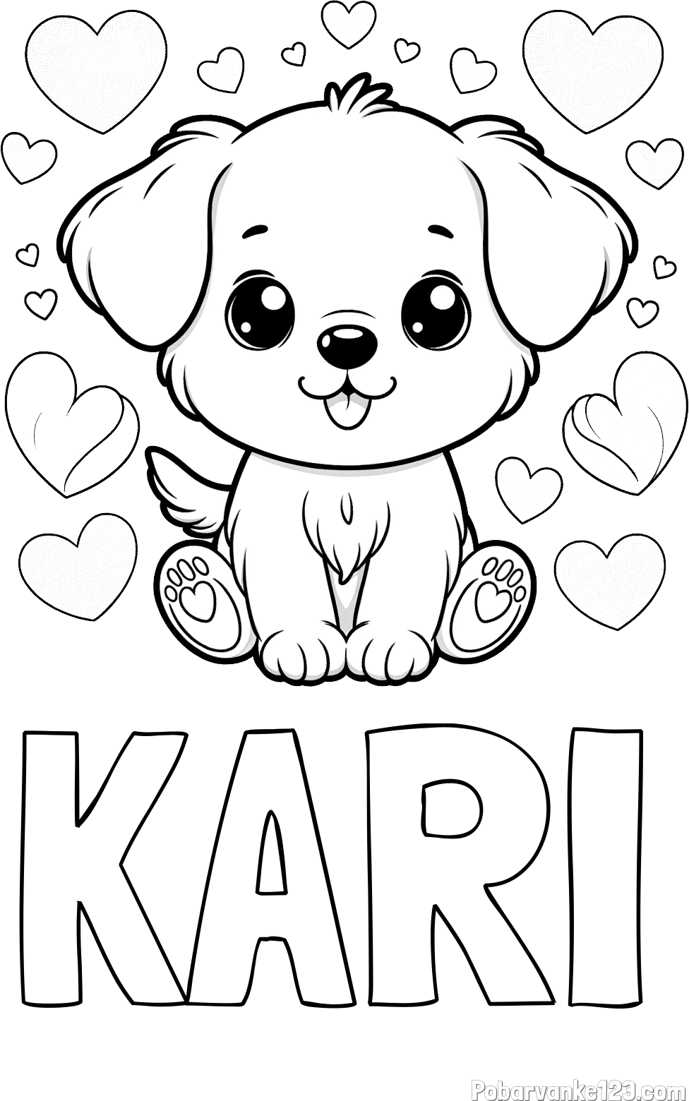Pobarvanka imena KARI in pobarvanka ljubkega kužka obdanega s srčki