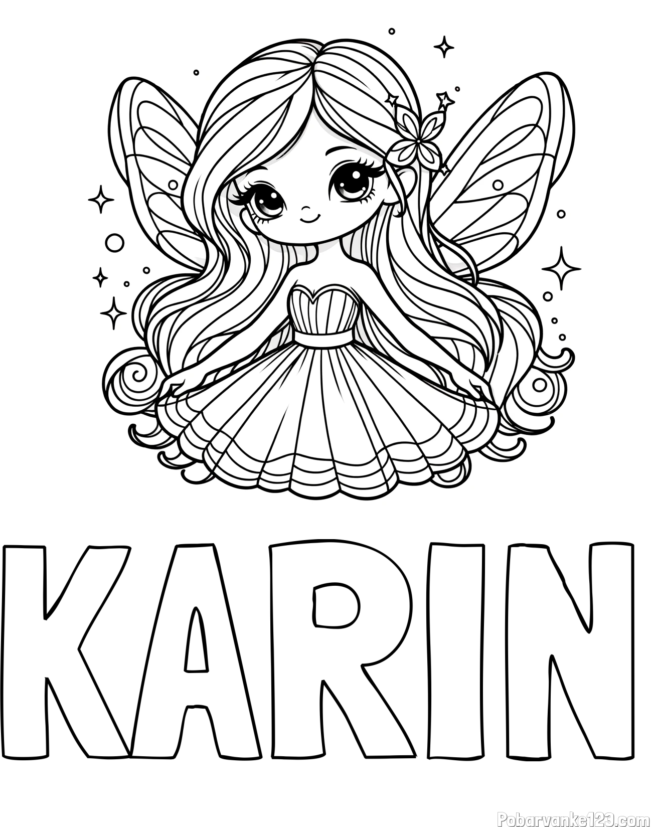 Pobarvanka imena KARIN in pobarvanka ljubke in nasmejane čarobne vile