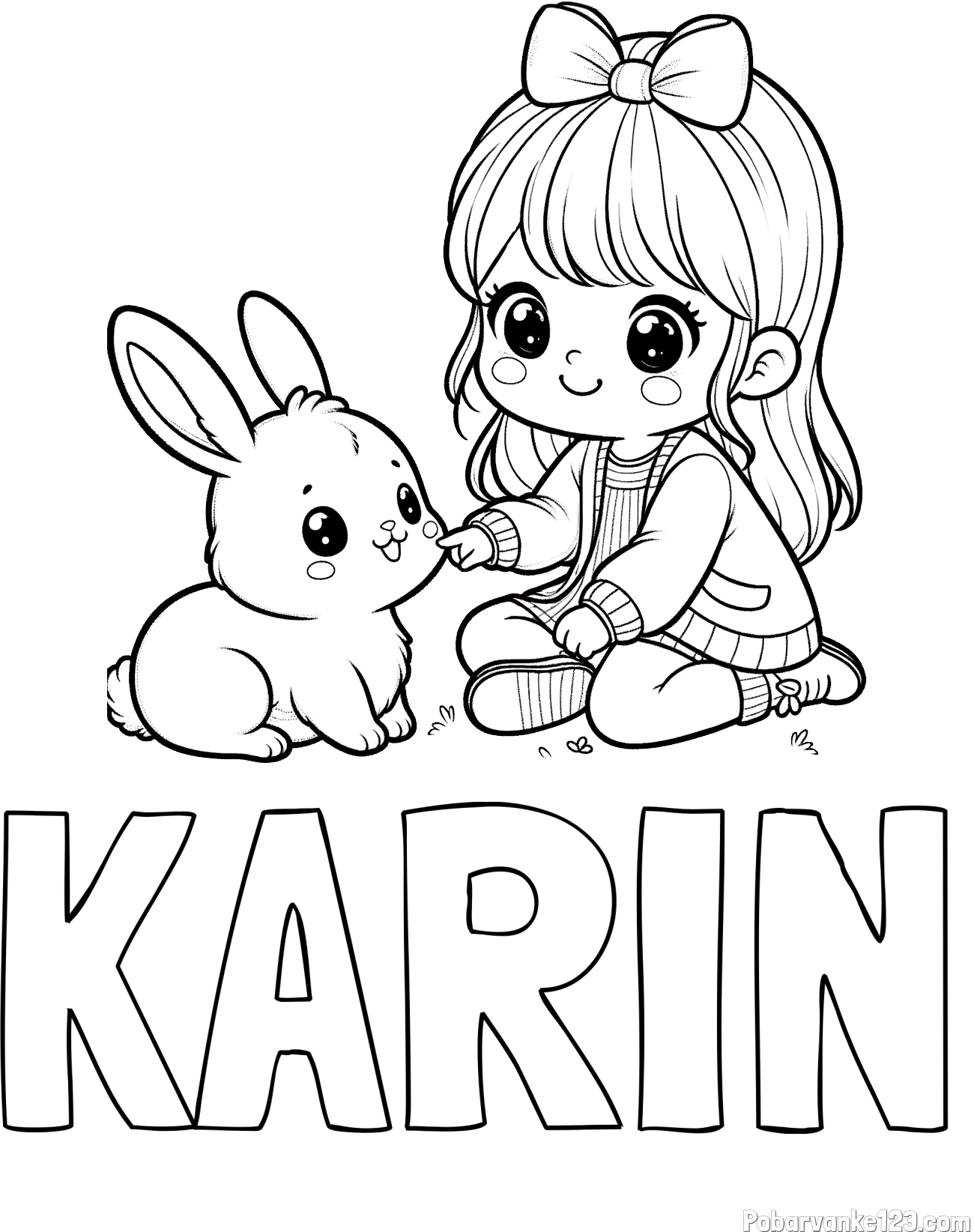 Pobarvanka imena KARIN in pobarvanka ljubke punčke, ki se igra z zajčkom