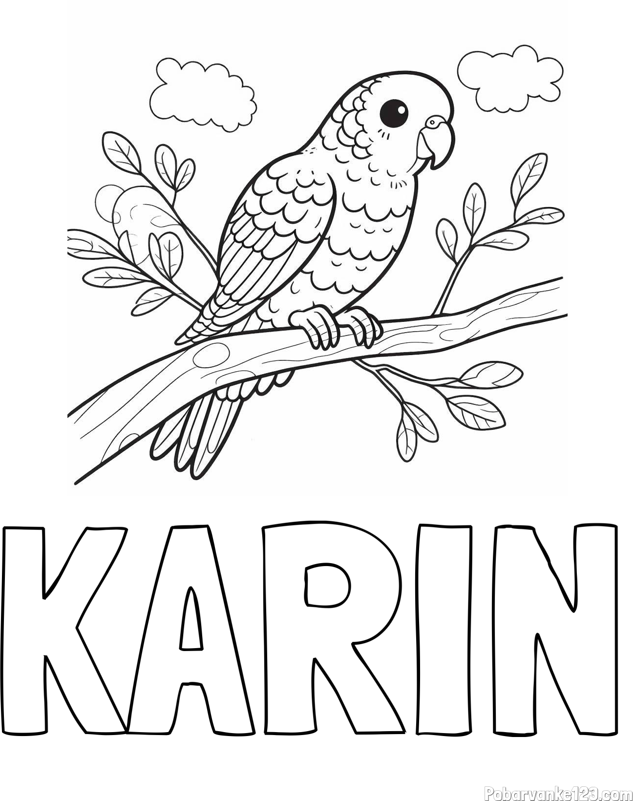 Pobarvanka imena KARIN in pobarvanka ljubkega kanarčka na veji