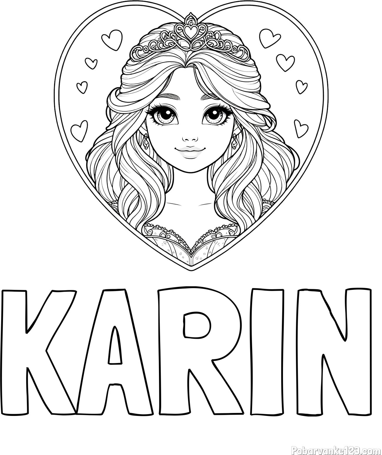 Pobarvanka imena KARIN in pobarvanka princeske ter srčkov