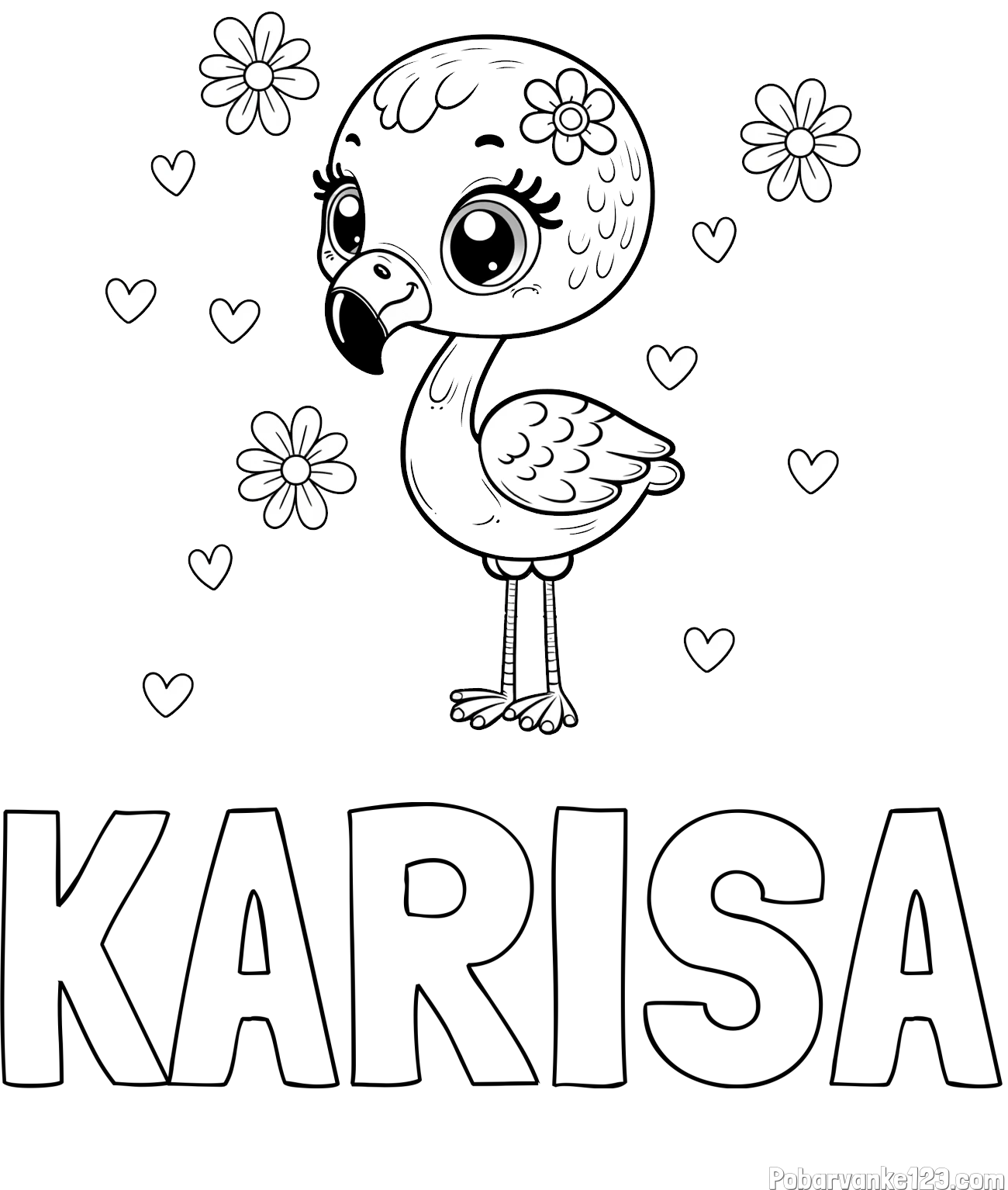 Pobarvanka imena KARISA in pobarvanka mladička flaminga z rožicami in srčki