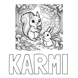 Online izdelana pobarvanka - Pobarvanka imena KARMI in pobarvanka veveričke in zajčka v gozdu