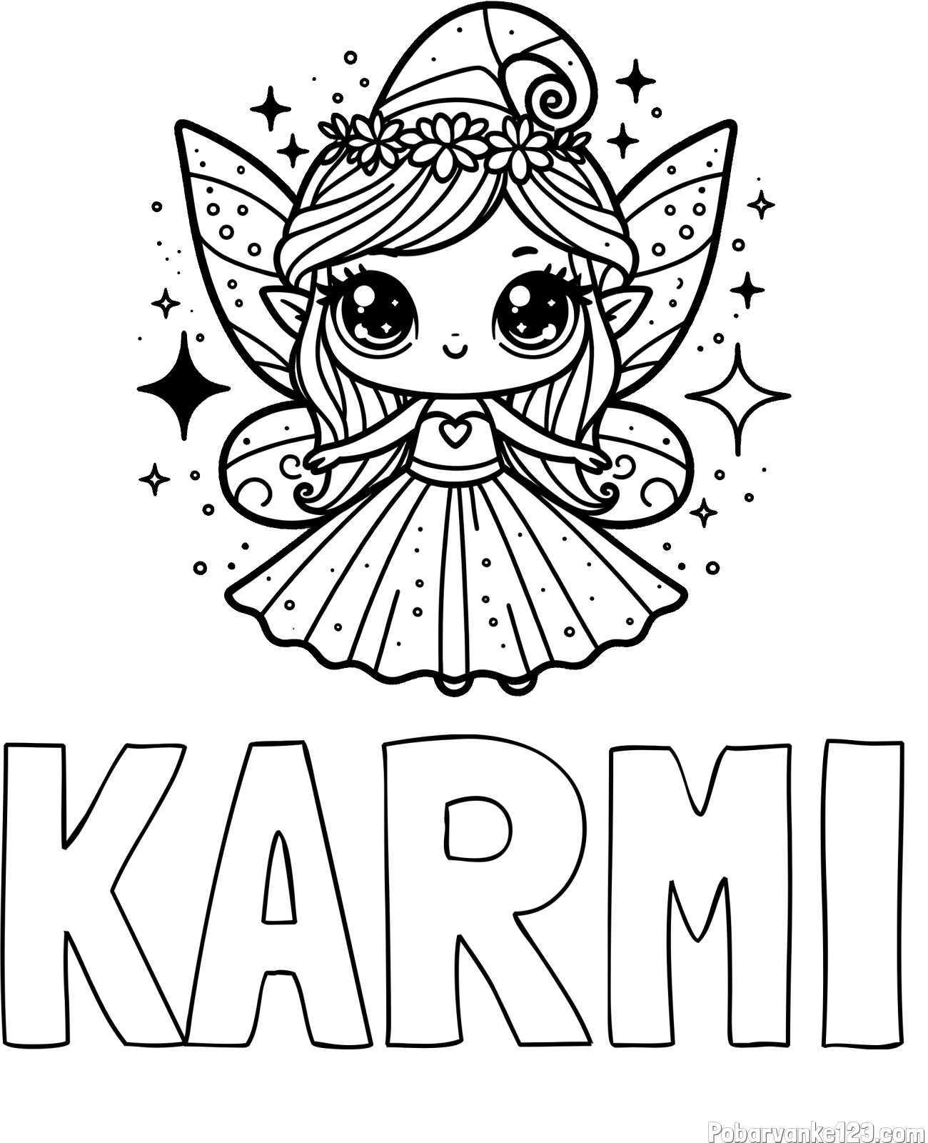 Pobarvanka imena KARMI in prikupna čarobna vila