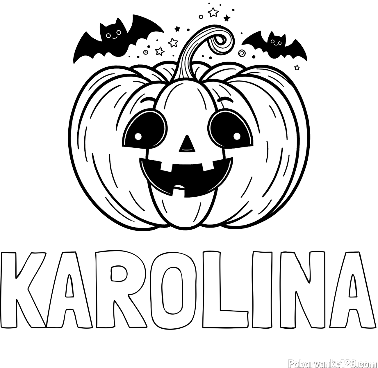 Pobarvanka imena KAROLINA in pobarvanka nasmejane buče ter dveh netopirjev za noč čarovnic