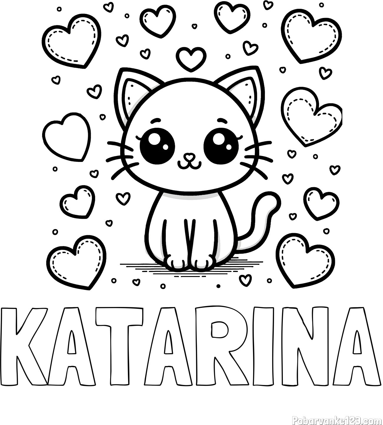Pobarvanka imena KATARINA in pobarvanka ljubke mucke obdane z veliko srčki